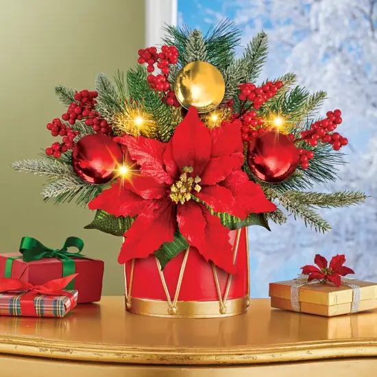 Collections Etc LED Lighted Poinsettia Ornament Holiday Floral Centerpiece with Drum Vase {1}