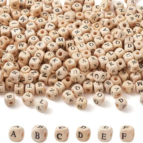 Cube Wood Beads with Initial 26 Letters (PapayaWhip#10mm) {1}