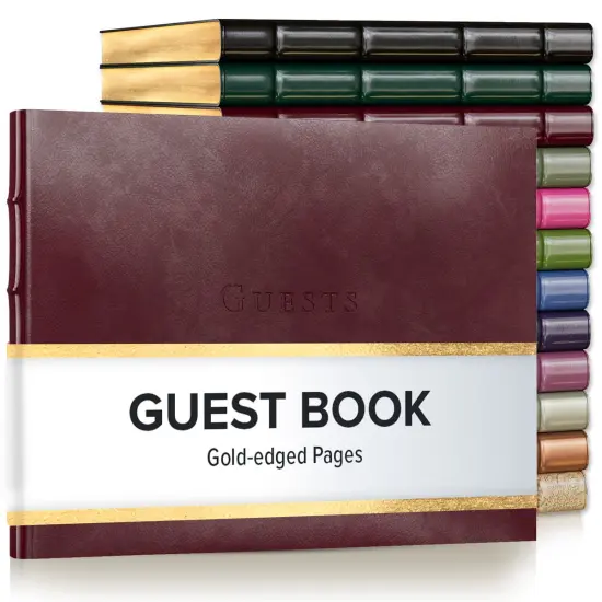 Gallery Leather Guest Book Special Events, add Photos, 192 Lined Pages, Bonded Leather, Hardcover, Gold-Gilded, Guestbook Acadia Burgundy {1}