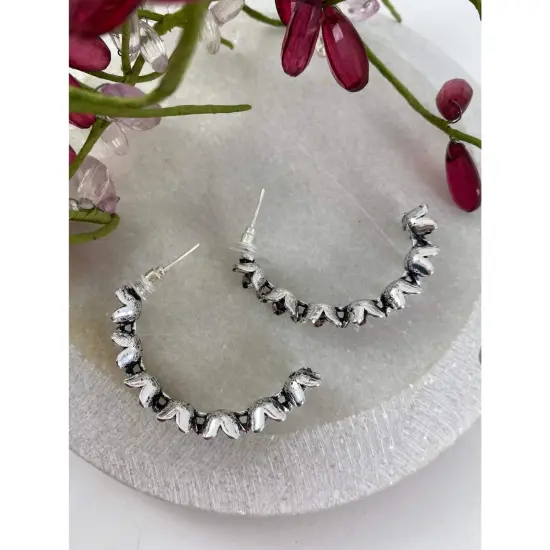 Indian Oxidized Half-Hoop Earrings for Women - Oxidized Flower Huggie Hoop Earrings Bohemian Inspired Half-Circle Design Bollywood Style Ear Jewellery for Bridesmaid | Birthday Gift for Her {5}