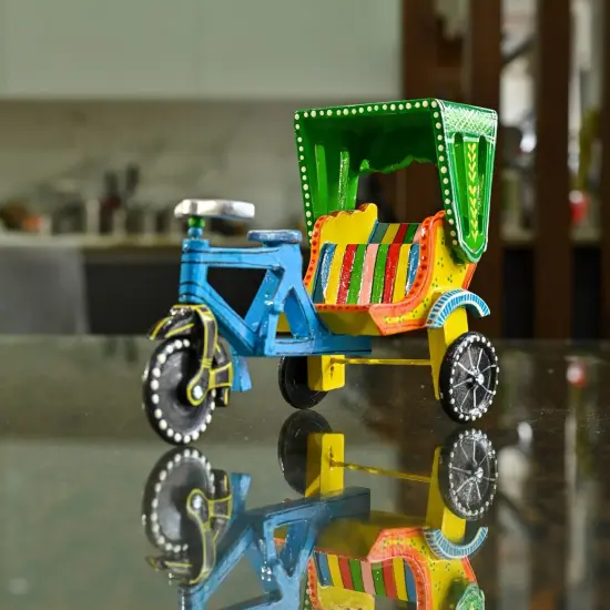 Wooden Rikshaw Cycle Kondapalli Handpainted Indian Showpiece for Home Restaurant Decoration Shelf Display Table Decor and Gifting Item {2}