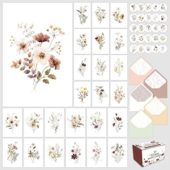 50 Pack 4x6in Blank Floral Cards with Envelopes and Stickers {1}