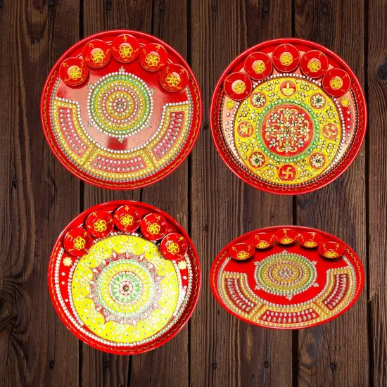 Pooja Thali with 5 Diya Bowls Rhinestone Red Painted Handmade Aarti Rituals Platter Festival Haldi Kumkum Thali Pooja Teej Diwali Wedding Engagement Plate Decorations - Housewarming Gift {4}
