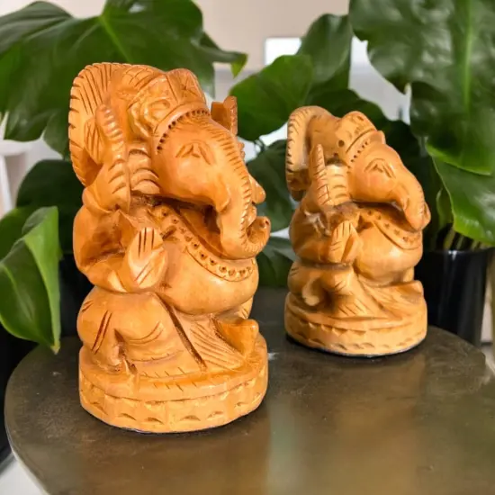 Wooden Ganesha Idol Hand Carved Lord Ganesh Wood Sculpture Gajanana Ganpati Bappa Figurine for Pooja - Home Decor Office Desk Hindu God Idol Murti Good Luck & Success - Hindu God Idol {2}