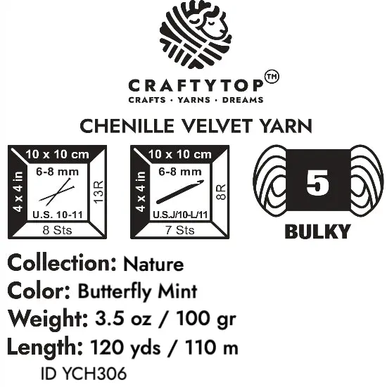 Craftytop&trade; Bulky Velvet Yarn #5 for Knitting & Crochet (Butterfly Mint) {6}