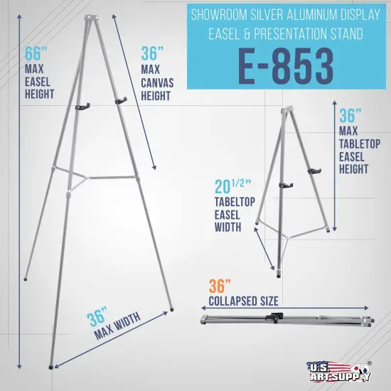 66" High Gallery Silver Metal Display Easel - Large Adjustable Height Portable Easel Stand, Sign Display, Holds 25 lbs - Floor & Tabletop Easels, Painting Stand {2}