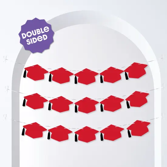 Big Dot of Happiness Red Graduation Cap Garland Banner, Grad Decor, High School or Elementary Photo Backdrop, 10 Feet of Cord, 15 Hats with Tassels {3}