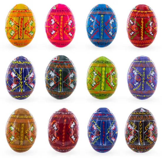 Set of 12 Handcrafted Geometric Ukrainian Pysanky Wooden Easter Eggs 2.5 Inches {3}