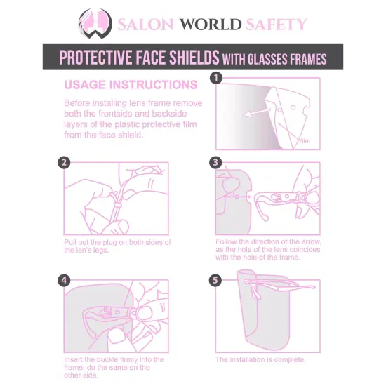 Safety Face Shields with Pink Glasses Frames (Pack of 25) - Ultra Clear Protective Full Face Shields to Protect Eyes Nose Mouth - Anti-Fog PET Plastic {6}