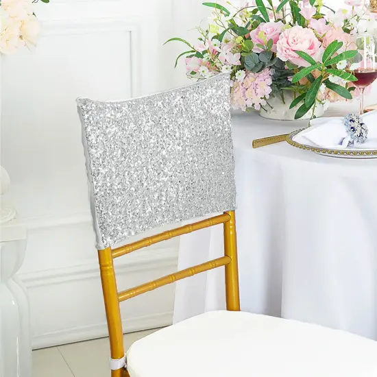 1 Piece Platinum Or Light Silver Sequin Spandex Chair Cap 13.5 inch by 10 inch Decor {2}