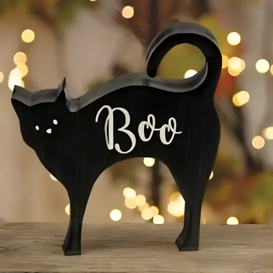 Black Wooden Boo Cat Sitter with Distressed Finish for Halloween Display {2}