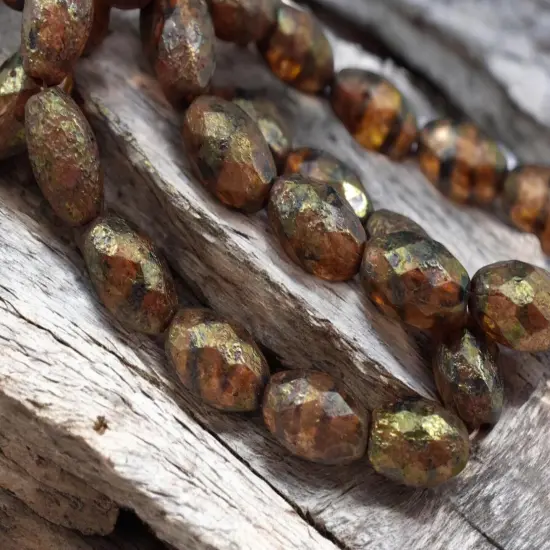 *12* 12x8mm Etched Brown Amber Picasso Faceted Oval Beads {2}