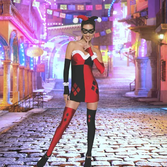 Womens Harley Quinn Costume with Dress Mask and Thigh High Stockings {1}