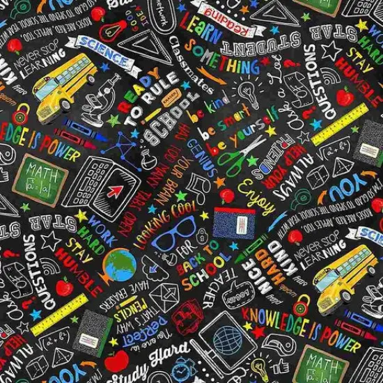 Back to School Chalkboard Text Black Cotton Fabric by the Yard {1}