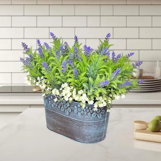 Summer Potted Plants, Artificial Flowers Lavender Arrangement in Rustic Rectangular Metal Planter, Pre-Potted Fake Lavender Table Centerpiece for Gifts Farmhouse {2}