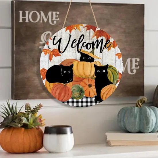 Welcome Fall Black Cat Door Sign Pumpkin Maple Leaf {4}