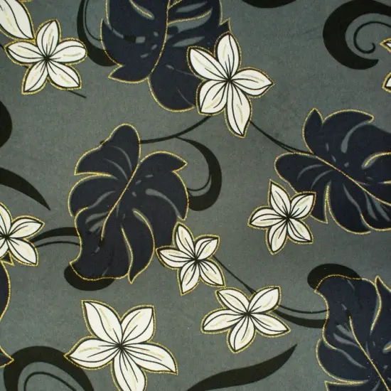 1 Yard Shimmer Plumeria Flower Monstera Leaves Polyester Glitter Fabric, 60" Width Grey {1}