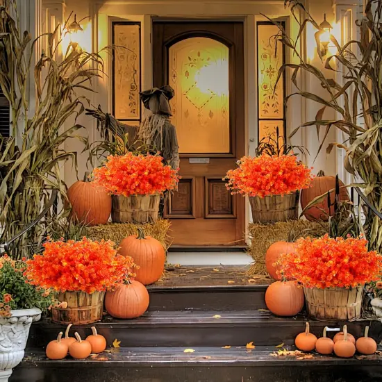 Artificial Fall Flowers Mums for Outdoor - (8Pcs,Orange) {4}