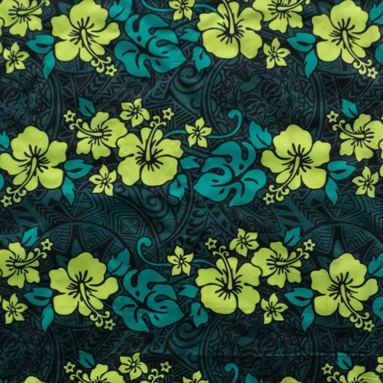 1 Yard Hibiscus Plumeria Monstera Leaf Polyester Fabric For Apparel Sewing And Tropical Crafts 60 Inch Green/Lime Green {1}