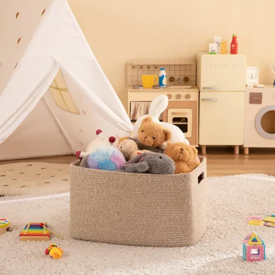 OIAHOMY Cotton Rope Basket, Rectangle Woven Nursery Blanket Basket, Toy Storage Basket with Handle, Baskets for Organizing, 18”x14”x12”, Brown variegated {3}