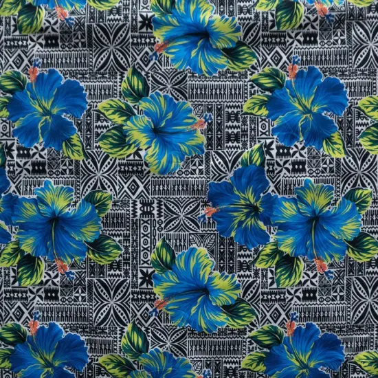 1 Yard Hibiscus On Traditional Tapa Polyester Fabric For Island-Inspired Apparel And Crafts 60 Inch Width Light Blue {2}