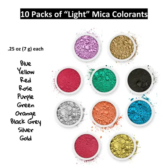 Pifito Mica Colorant Powder Light Sampler │ 10 Beautiful Color Dyes for Soap Making Supplies, Bath Bombs, Epoxy Resin (.25 oz ea) {3}