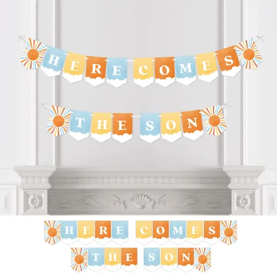 Big Dot of Happiness Here Comes The Son Banner, Boy Boho Baby Shower Bunting Wall Garland, Retro Sunshine Party Decorations {1}