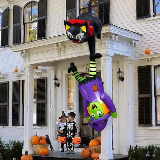 8 FT Halloween Inflatables with LED Lights - Black Cat and Witch {1}