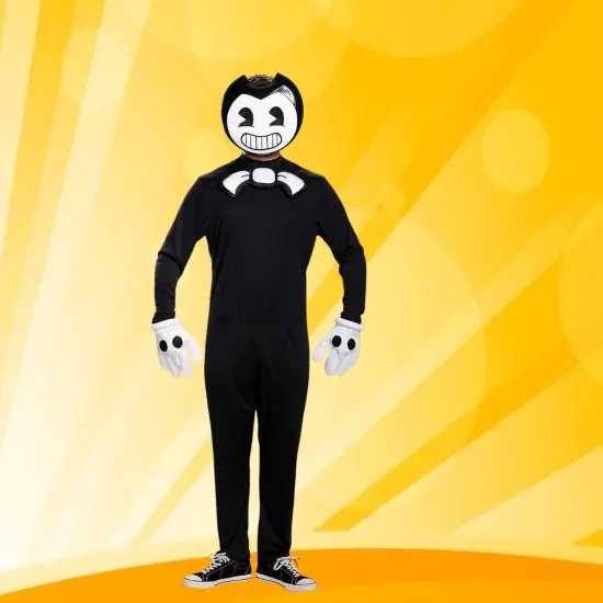 Classic Bendy Teen adult Costume Black Jumpsuit with Mask and Gloves Set Black/White {2}