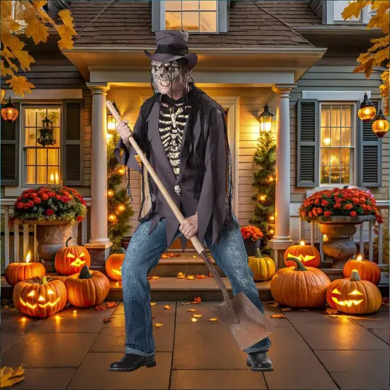 Men's Grave Robber Costume Halloween Scary Skeleton Jacket Hat Mask Gauze Strips Dress Up Set {4}