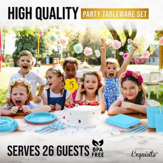 Exquisite 182 Pcs Plastic Plates for Party &ndash; Disposable Plates Set &ndash; 26 Each of 9" Dinner Plates, 7" Dessert Plates, Plastic Cups, Napkins & Plastic Cutlery &ndash; Plastic Dinnerware by Party Solids Light Blue {5}
