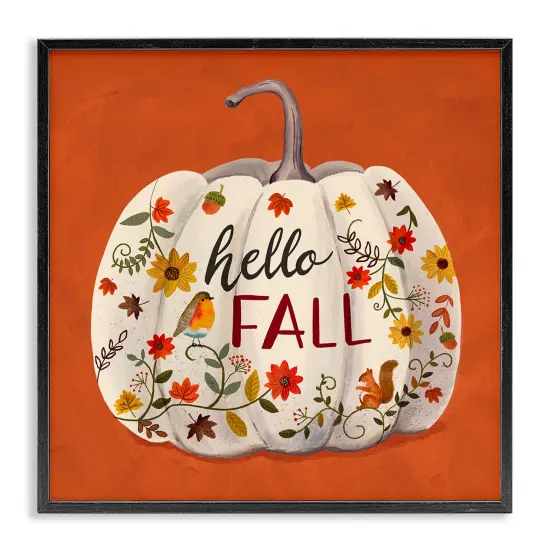 Hello Fall Patterned White Pumpkin Floral Botanicals Framed Giclee Art Black {1}