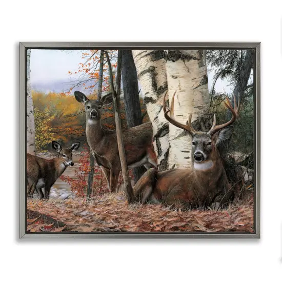 Elk Family Woodland Foliage Floating Frame Canvas Art Gray {1}