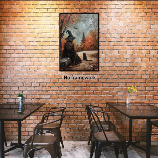 Witch and Cat Oil Painting Wall Art Vintage Halloween {2}