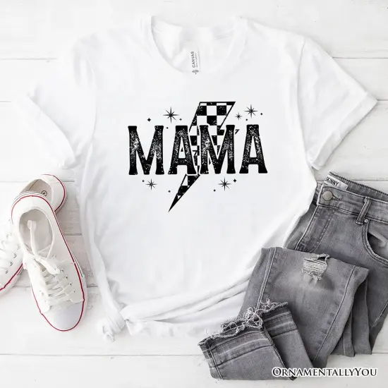 Checkered Lightning Bolt Mama Tee, Vintage Retro Black and White Tee for Energetic Moms {1}