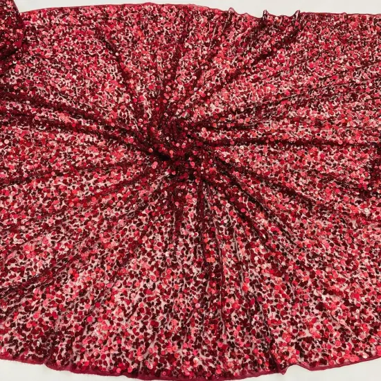 1 Yard Sequined Lace Fabric on 100% Polyester Net Mesh, Embroidered Elegant Lace Material Burgundy {4}