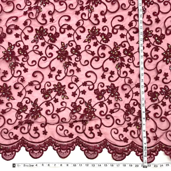 1 Yard Exquisite Beaded & Corded Bridal Fabric Lace Embroidered on 100% Polyester Organza 54 Inch Width Wine {4}