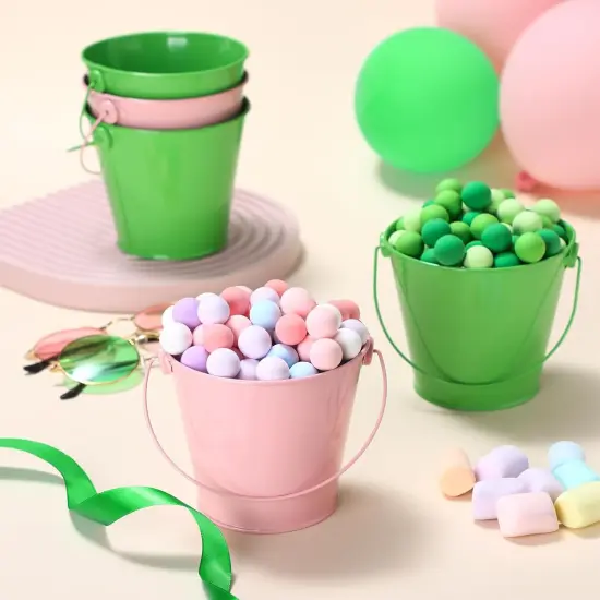12 Pack Pink and Green Metal Bucket Favors {2}