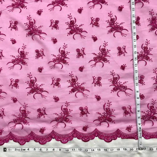 1 Yard Dazzling Beaded Lace Fabric Embroidered on 100% Polyester Net Mesh 54 Inch Width Fuchsia {6}
