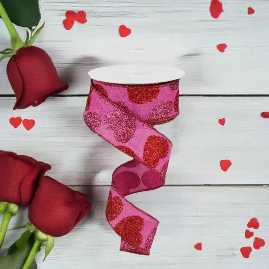 1.5" Bold Glitter Hearts Royal Ribbon: Pink (10 Yards) {4}