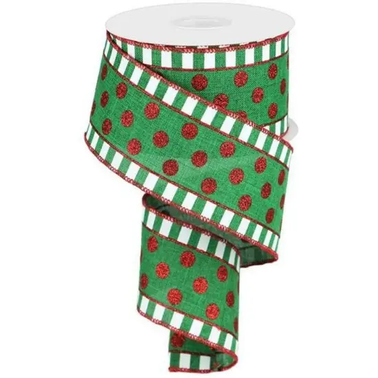 2.5" Dots & Stripes Glitter Ribbon: Emerald Green, White & Red (10 Yards) {3}