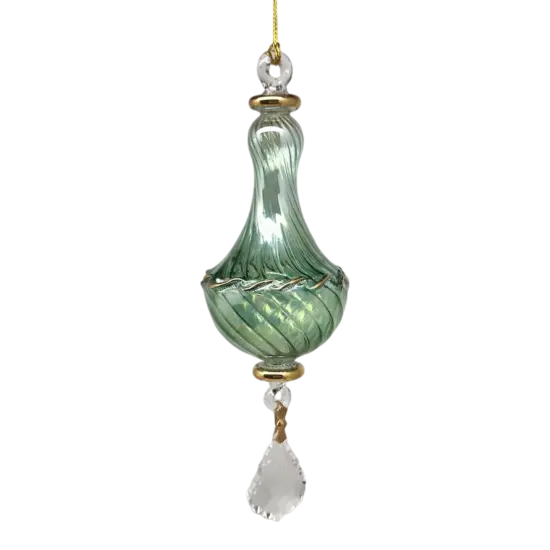 Blown Glass Twisted Chandelier Ornament with Crystal Dangle - Green {1}