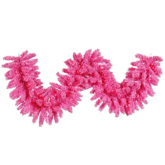 9' Flocked Pink Garland with 100 LED Pink Lights {1}