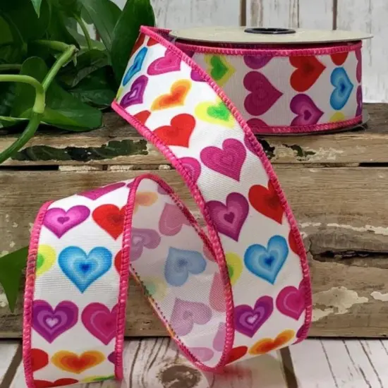 1.5" Colorful Hearts Ribbon: White (10 Yards) {4}