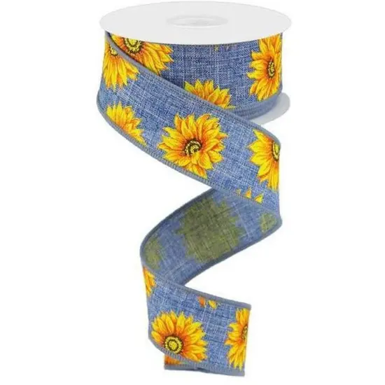 1.5" Sunflower on Canvas Ribbon: Denim (10 Yards) {1}