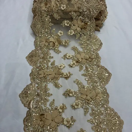 3 Yard Sequin 3D Lace Fabric 33cm Wide Polyester Embroidered Mesh with Pearls & Scalloped Edge Baby Blue {5}