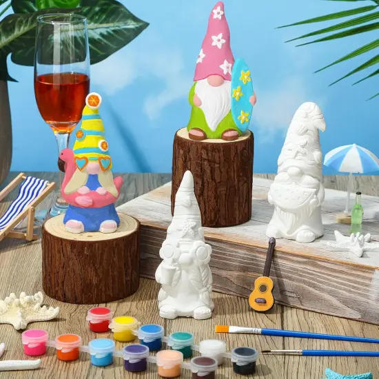 4 Pcs Summer Beach Paint Your Own Gnome Statues 5 x 2.36 Inch Blank Ceramics Gnome Figurines Kit DIY {3}