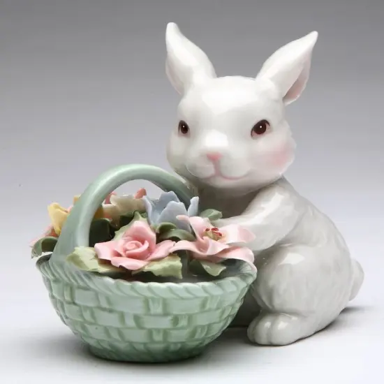 Ceramic Easter Bunny Rabbit With Flower Basket Figurine, Home D&eacute;cor, Gift for Her, Gift for Mom, Spring Decor {3}