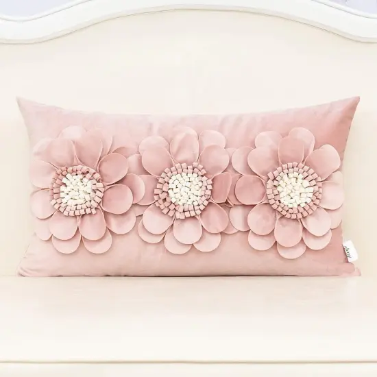 3D Flower Handmade Throw Pillow Cover Decorative Pink Velvet Pillowcase Cushion Cover with Hidden Zipper for Couch Bed Living Room Home Decor 12x20 Inches {1}