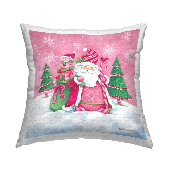 Pink Santa Snowscape Design by Diane Kater Outdoor Printed Pillow  {1}